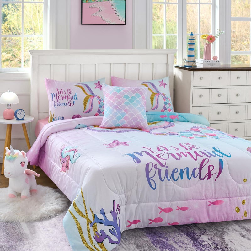 Cokouchyi Twin Size Comforter Set for Girls  5-Piece Bed in a Bag  3D Colorful Mermaid Bedding Comforter Sheet Set  Ultra Soft and Fluffy  Mermaid - Image 2
